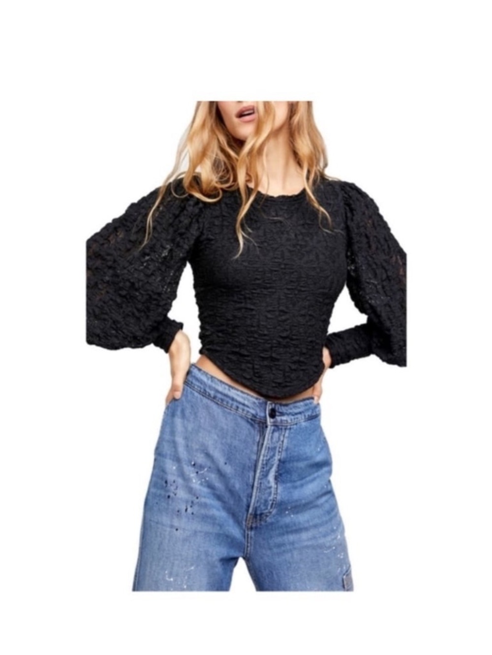 Free People Tea Time Lace Open Back Puff Sleeve Top Black Small Women’s NWT